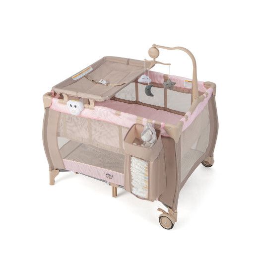 Portable Baby Playard with Changing Table Bassinet and Music Box-Pink - Color: Pink