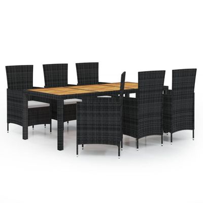 vidaXL 7 Piece Patio Dining Set with Cushions Poly Rattan Black