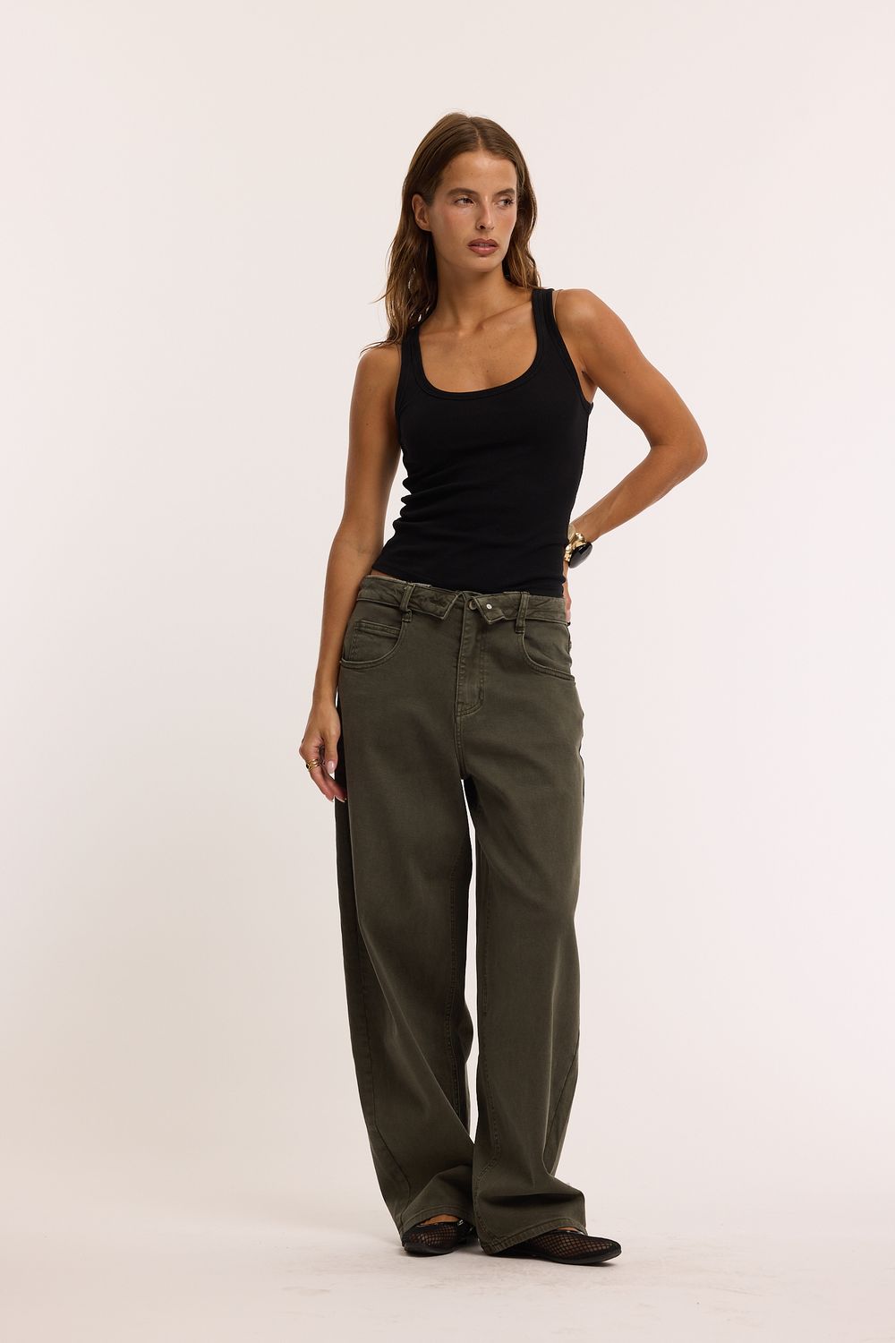 Folded Barrel Pants Ella, Kleur: Kaki, maat: XS