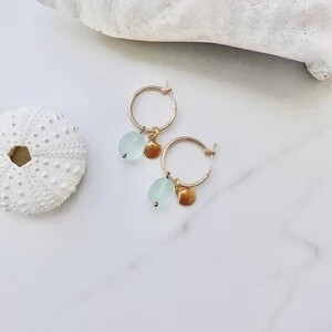 Gold Hoops with Dangle Shell &amp; Frosted Sea Glass Beads