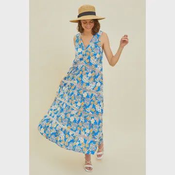 Printed Long Dress with Contrast Trim