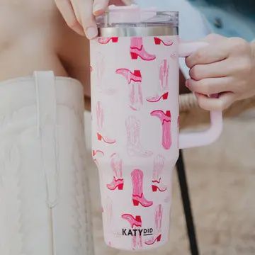 Tumbler Cup with Straw and Handle, Color: Western Boots Light Pink