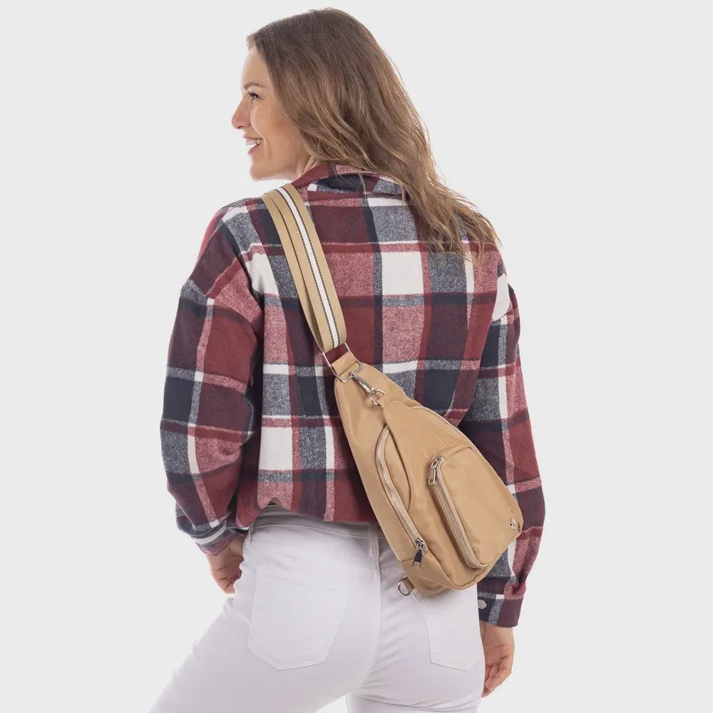 Solid Sling Bag with Striped Strap