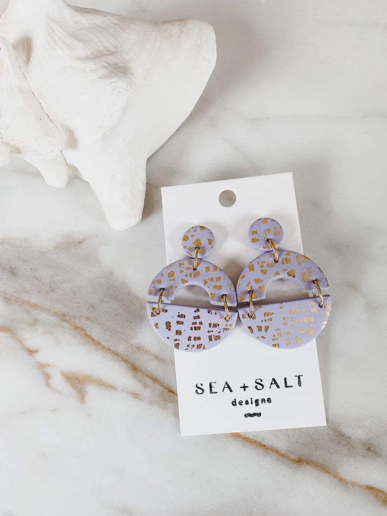 Lavender &amp; Gold Flake Half Circle Earrings