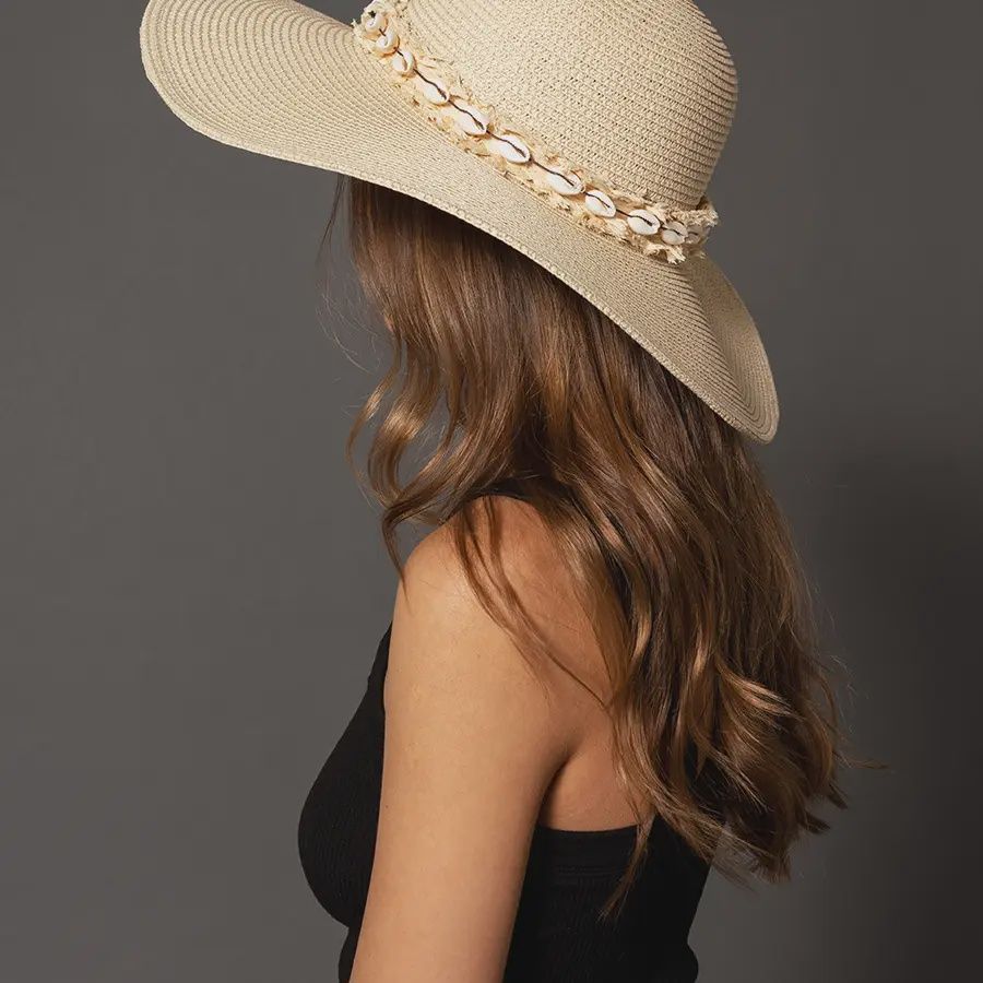 Dion Seashell Trim Wide Brim Straw Hat