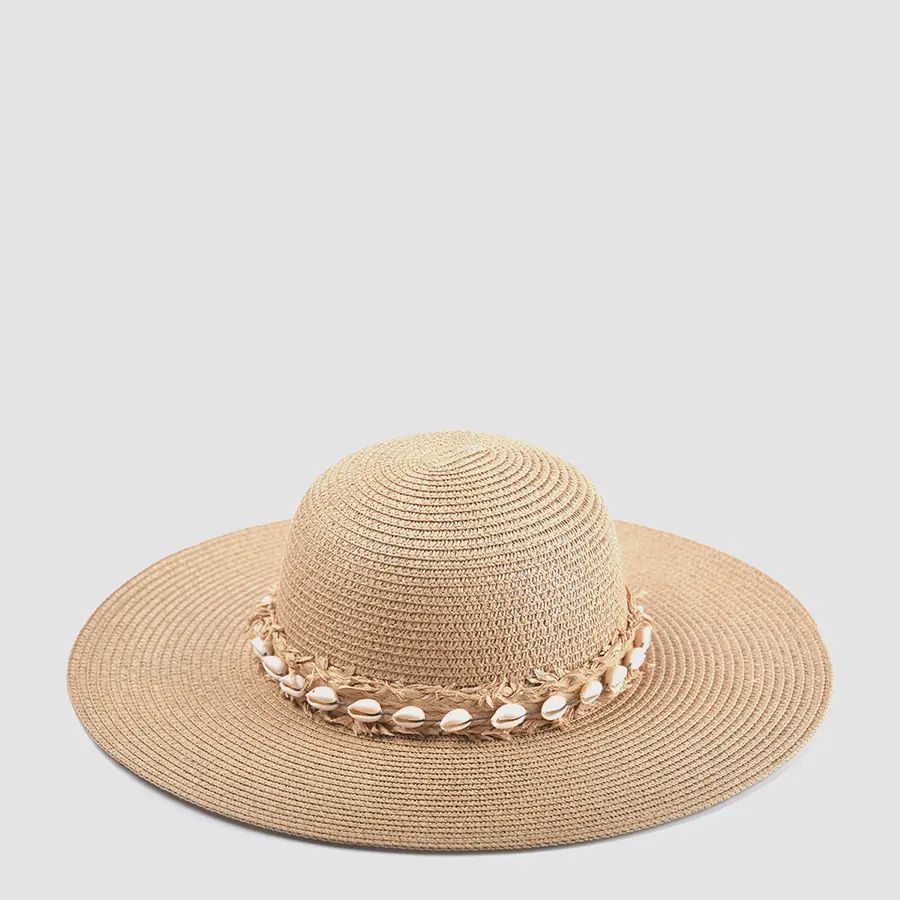 Dion Seashell Trim Wide Brim Straw Hat