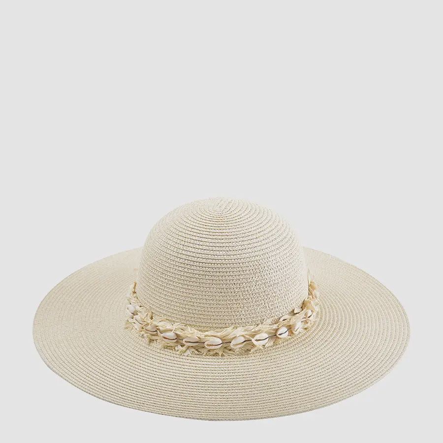Dion Seashell Trim Wide Brim Straw Hat, Color: Beige