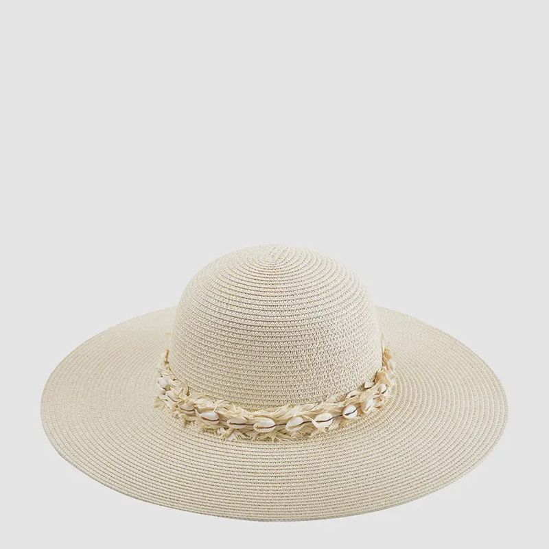Dion Seashell Trim Wide Brim Straw Hat