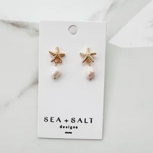 Small Starfish &amp; Pearl Dangle Earrings