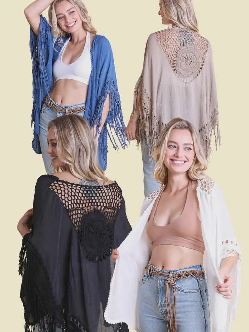 Trendy Boho Chic Kimono with Medallion Crochet Back