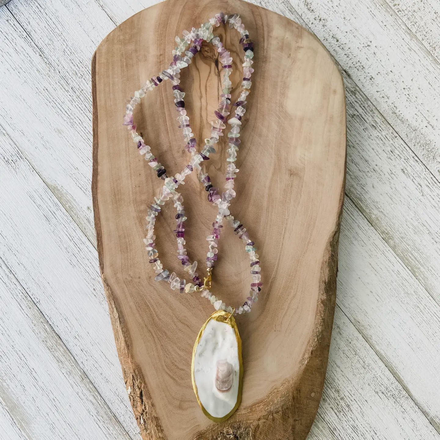 Beaded Necklace with Oyster Shell Pendant