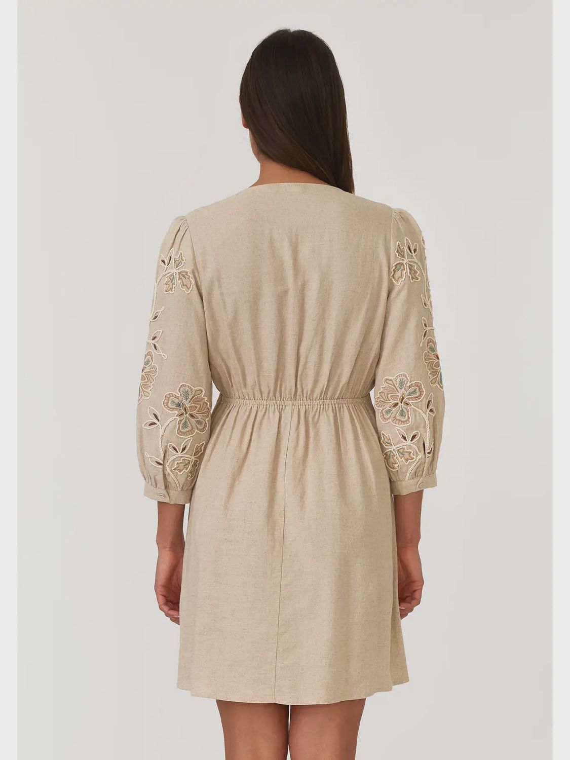 Embroidered 3/4 Sleeve V Neck Mini Dress