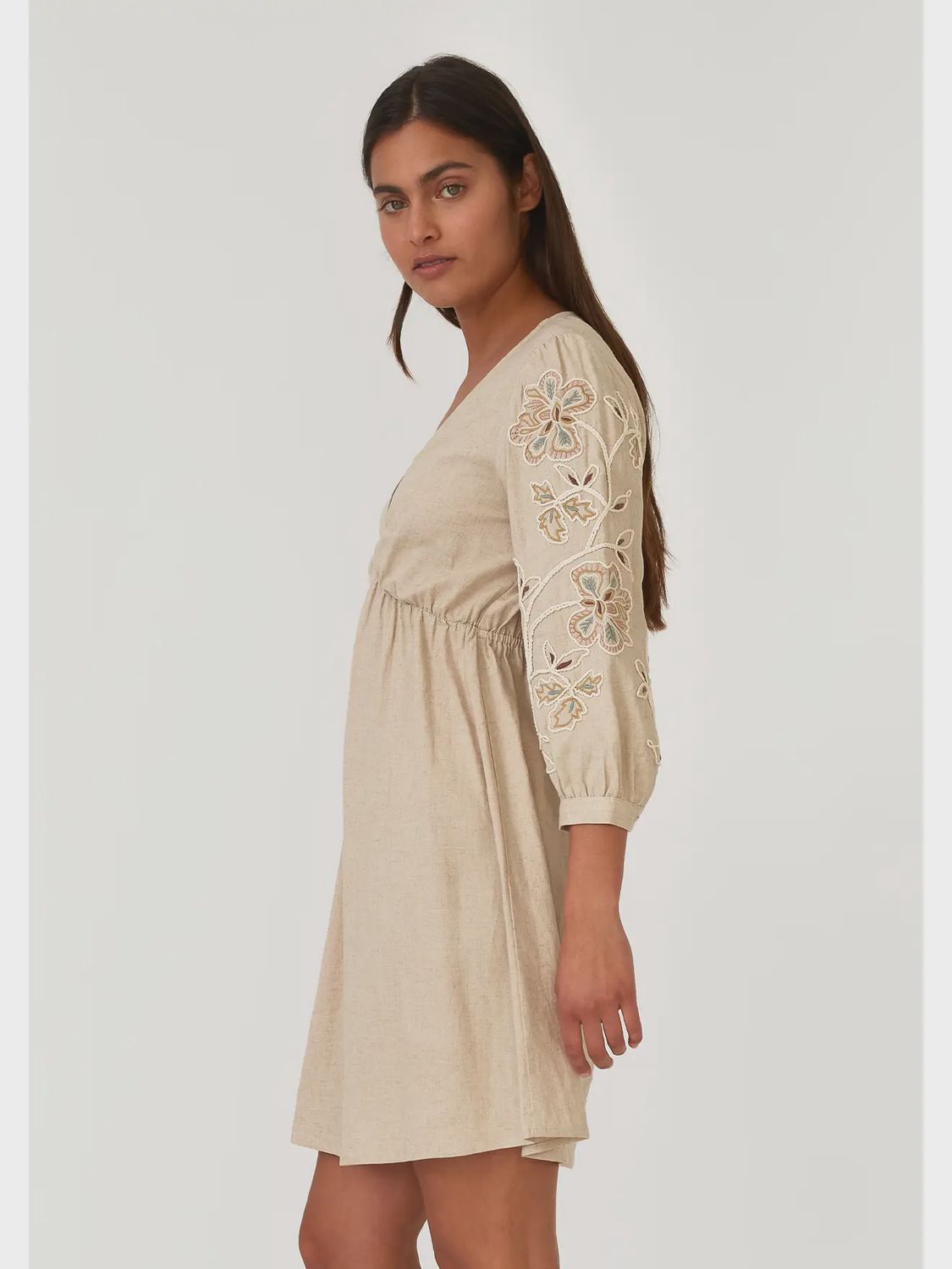 Embroidered 3/4 Sleeve V Neck Mini Dress