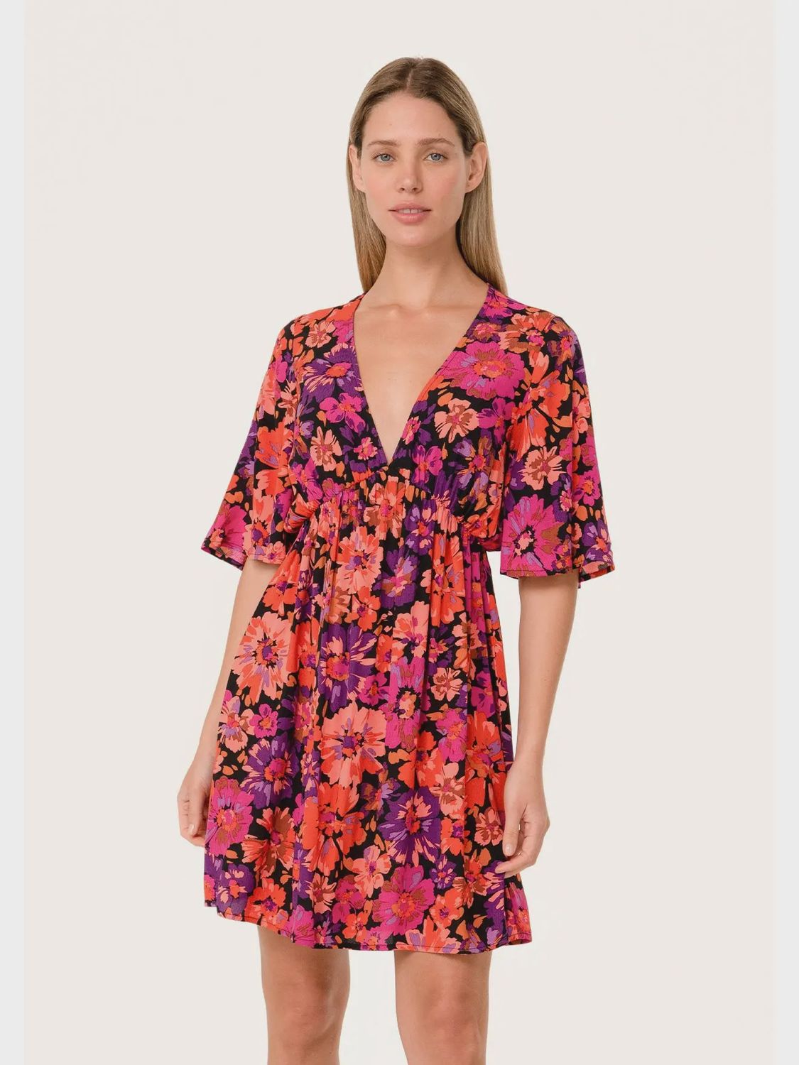 Floral Short Sleeve V Neck Mini Dress