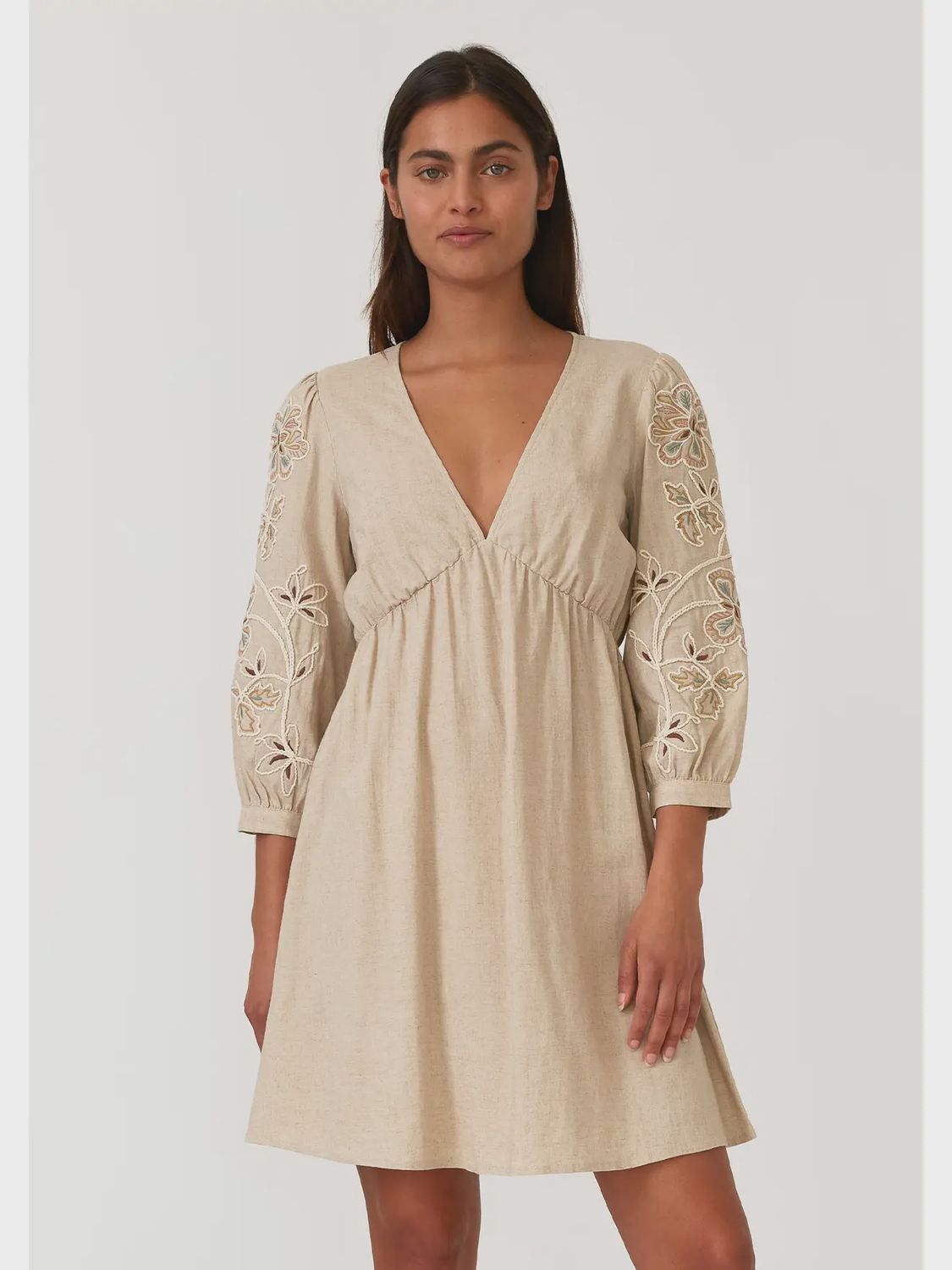 Embroidered 3/4 Sleeve V Neck Mini Dress