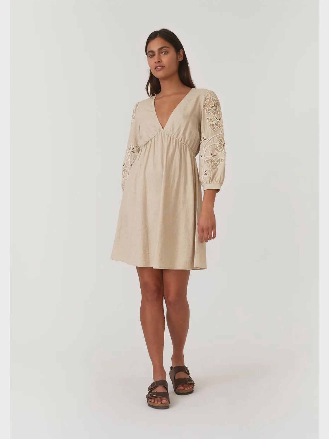 Embroidered 3/4 Sleeve V Neck Mini Dress