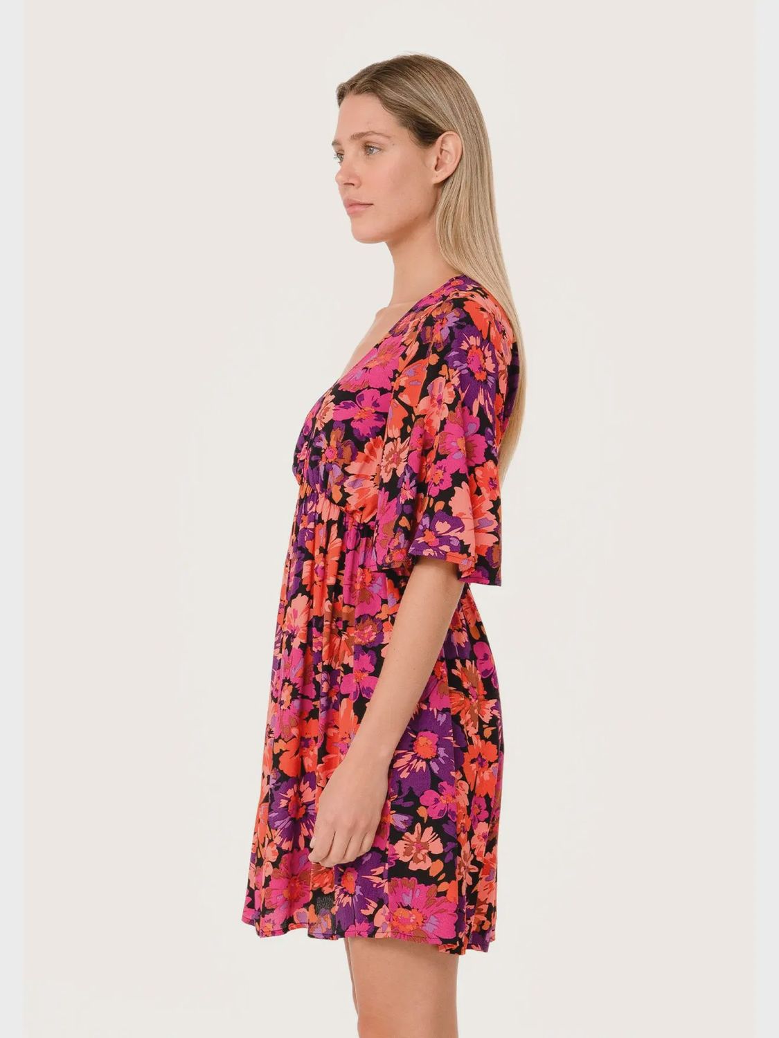 Floral Short Sleeve V Neck Mini Dress