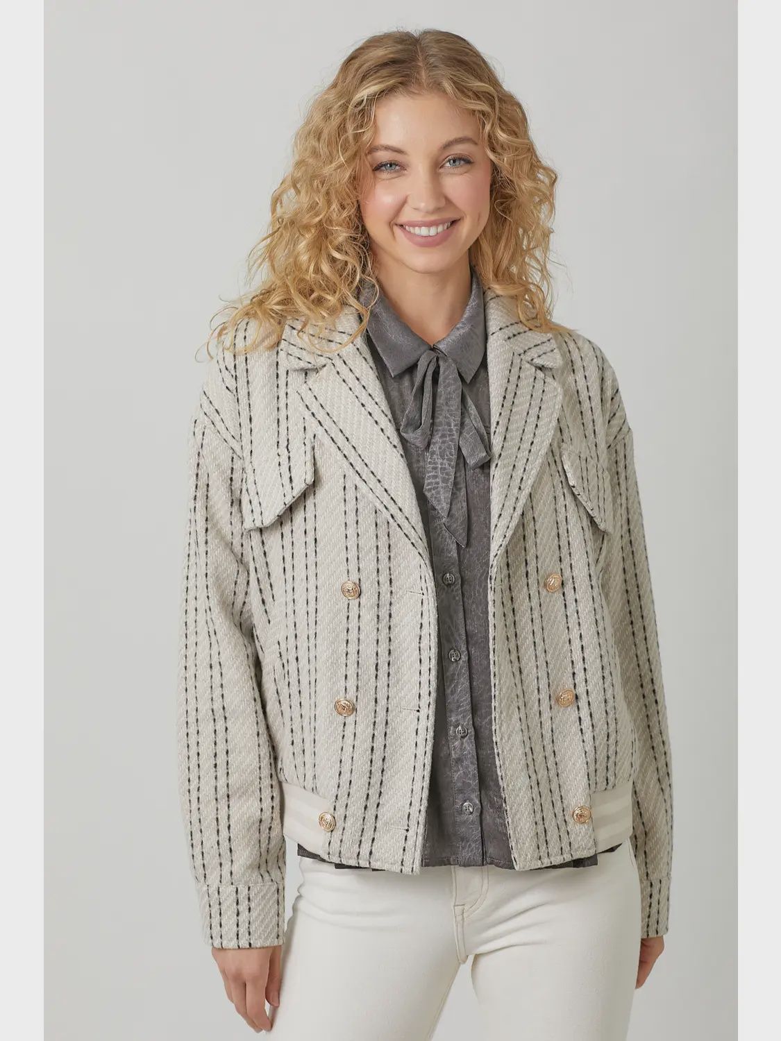 Oatmeal Stripe Bomber Jacket