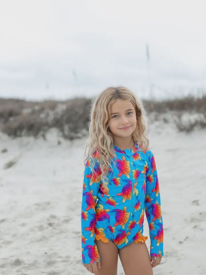 Kids Blue Rainbow Turtle Zip Rash Guard One Piece Swimsuit