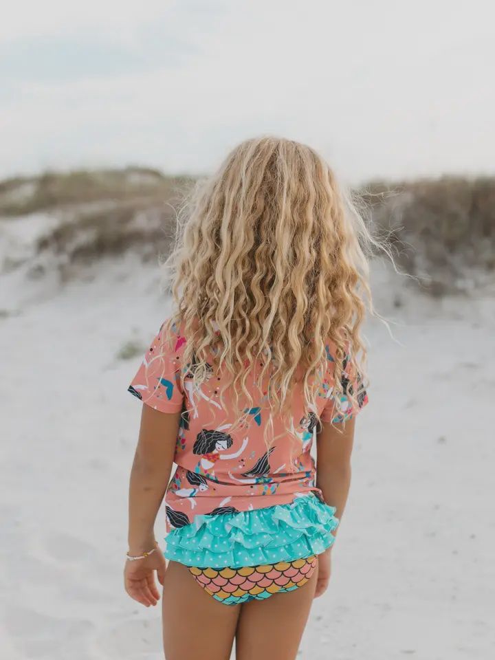 Kids Coral Mermaid Rash Guard Ruffle Swimsuit