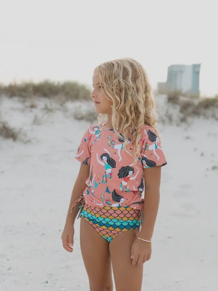Kids Coral Mermaid Rash Guard Ruffle Swimsuit