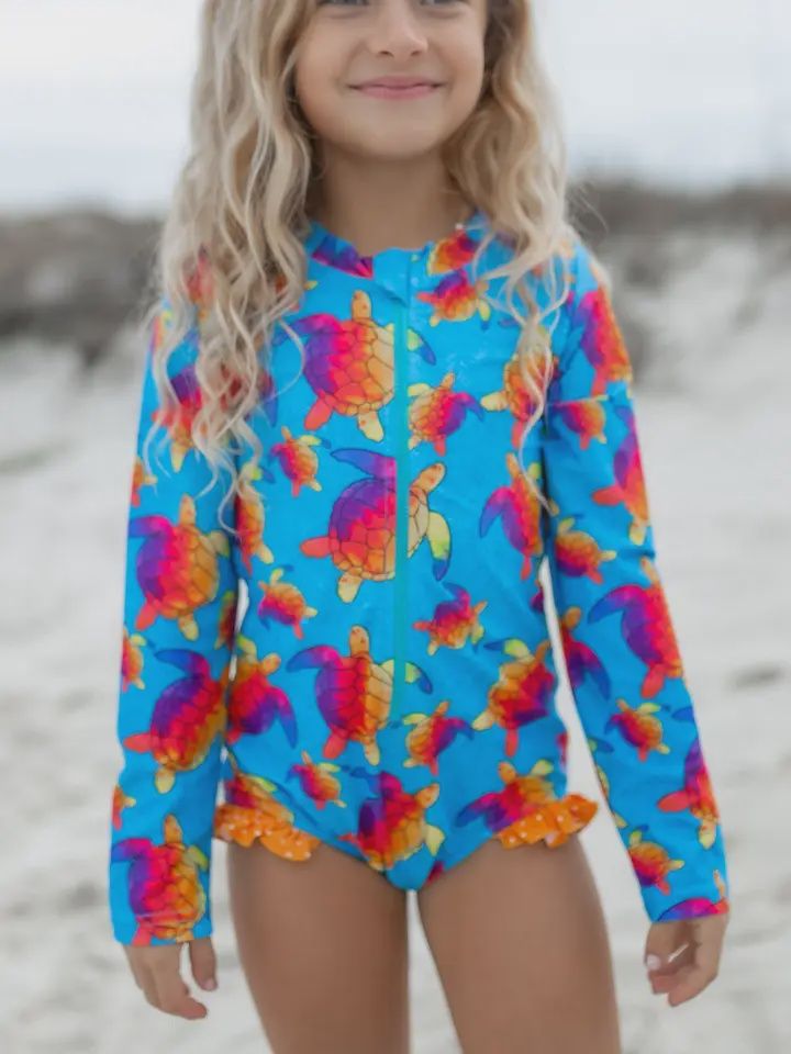 Kids Blue Rainbow Turtle Zip Rash Guard One Piece Swimsuit