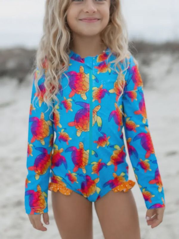 Kids Blue Rainbow Turtle Zip Rash Guard One Piece Swimsuit