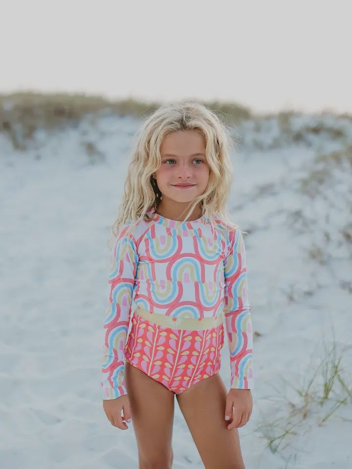Kids Coral Rainbow Row Zip Rash Guard One Piece Swimsuit