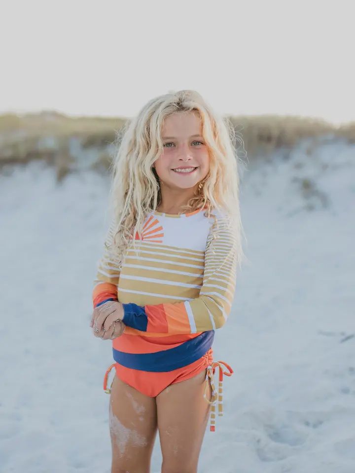 Kids Long Sleeve Coral Navy Sunset Rash Guard Swimsuit