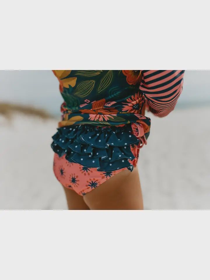 Kids Long Sleeve Navy Tropical Rash Guard Ruffle Swimsuit