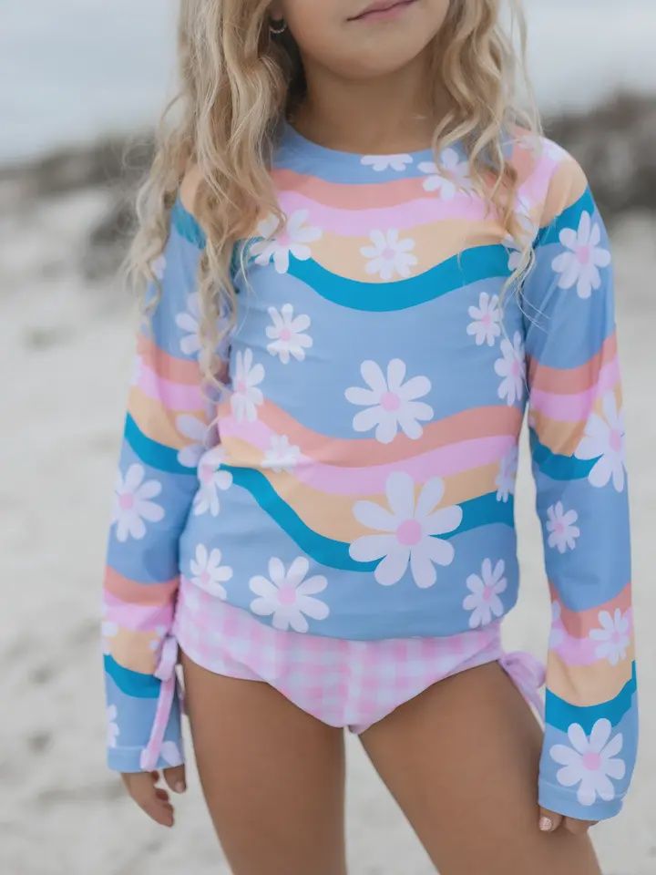 Kids Retro Daisy Long Sleeve Rash Guard Swimsuit