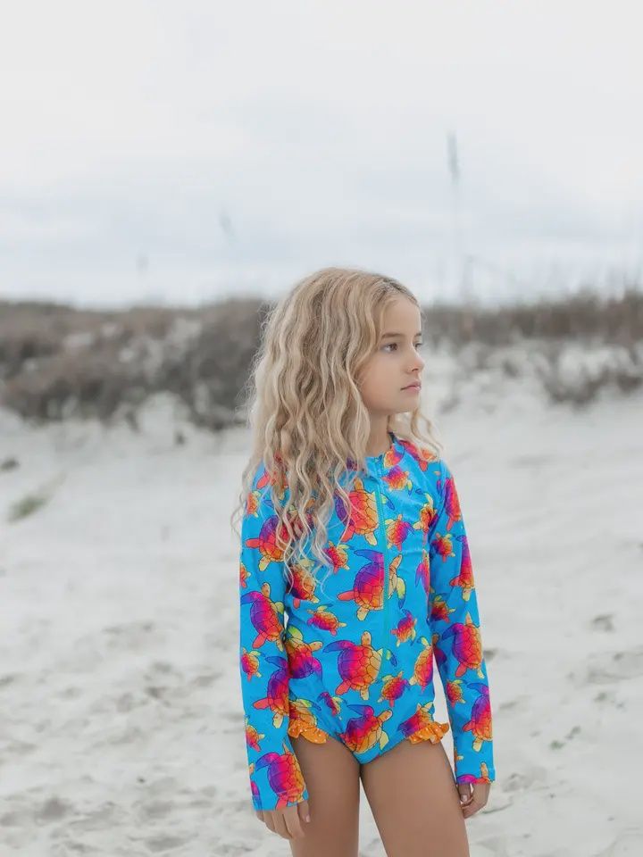 Kids Blue Rainbow Turtle Zip Rash Guard One Piece Swimsuit