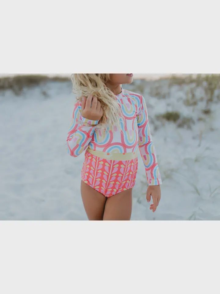Kids Coral Rainbow Row Zip Rash Guard One Piece Swimsuit