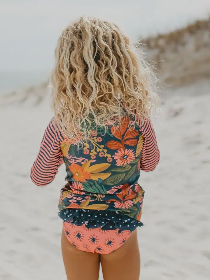 Kids Long Sleeve Navy Tropical Rash Guard Ruffle Swimsuit
