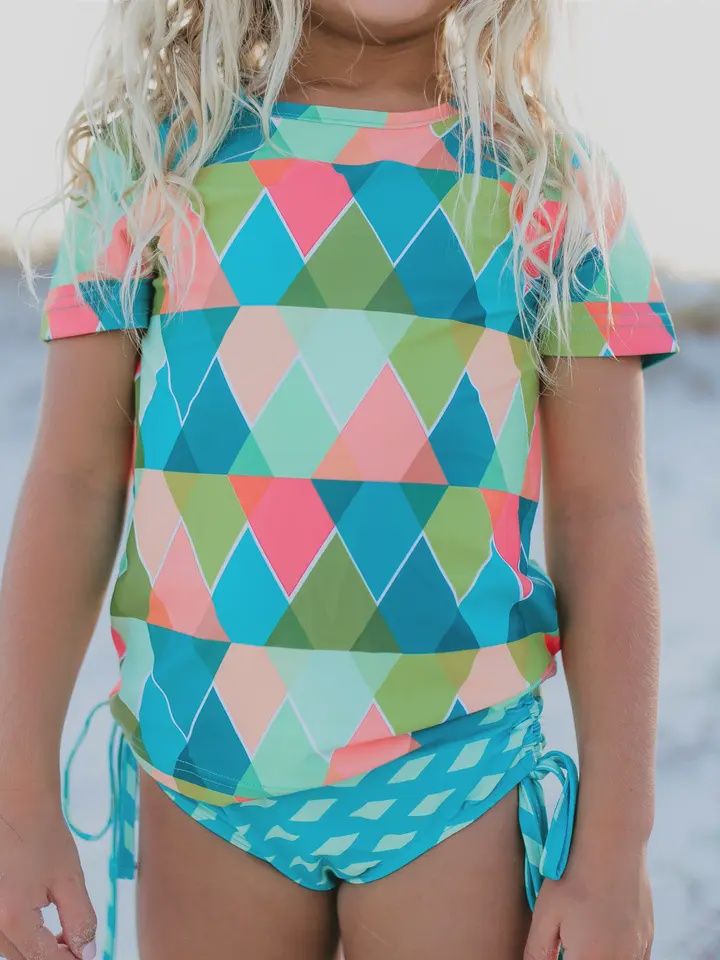 Kids Teal Peach Diamond Rash Guard Swimsuit