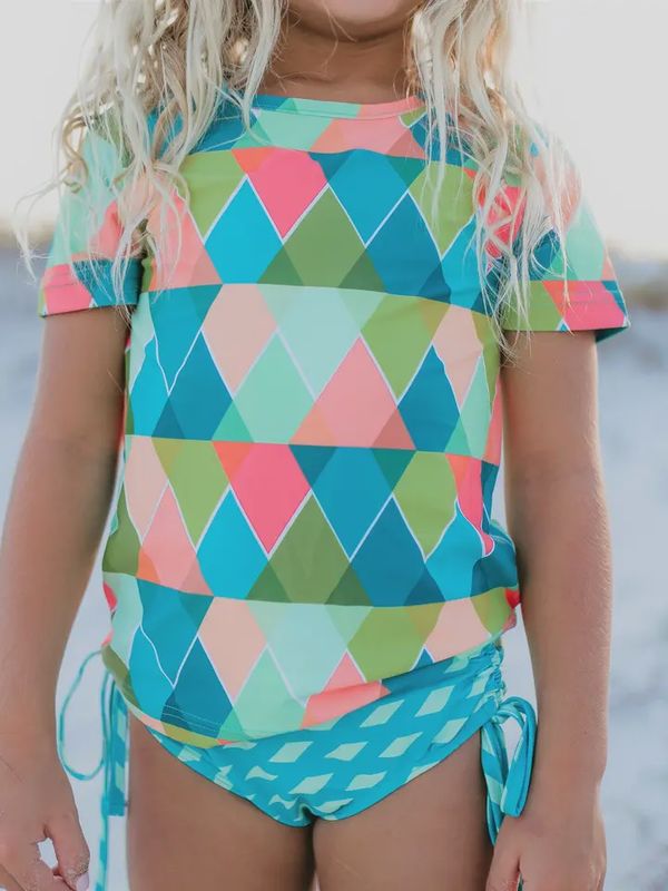 Kids Teal Peach Diamond Rash Guard Swimsuit