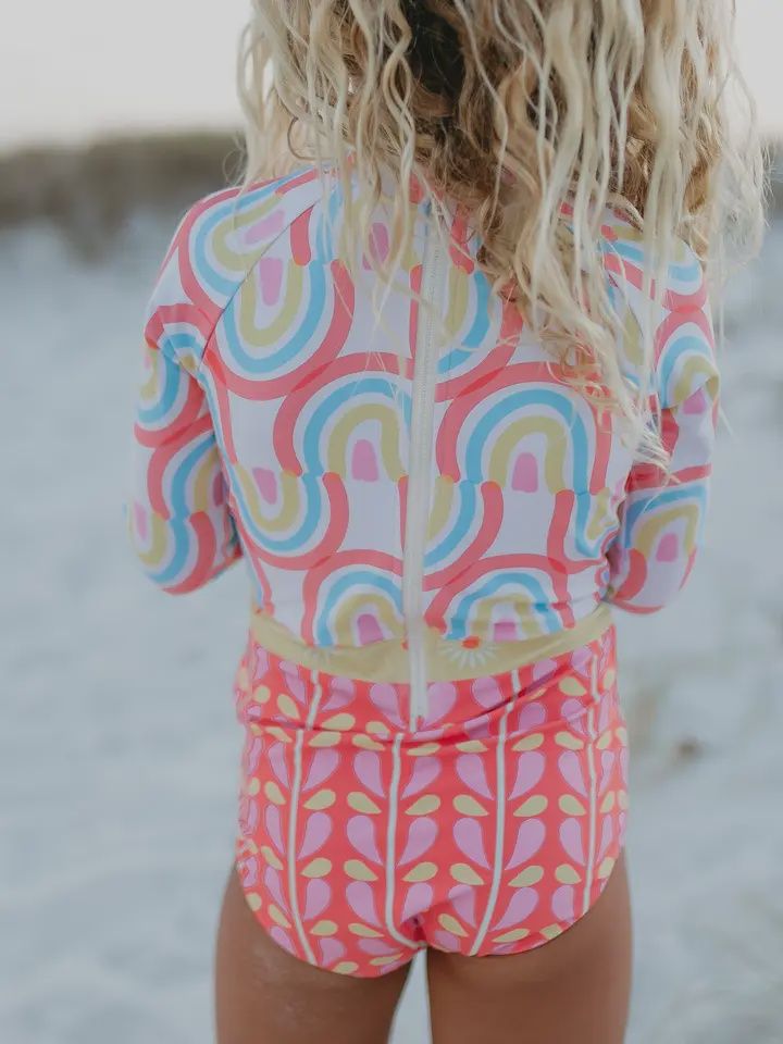 Kids Coral Rainbow Row Zip Rash Guard One Piece Swimsuit