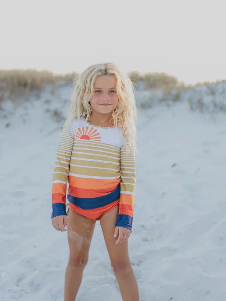 Kids Long Sleeve Coral Navy Sunset Rash Guard Swimsuit