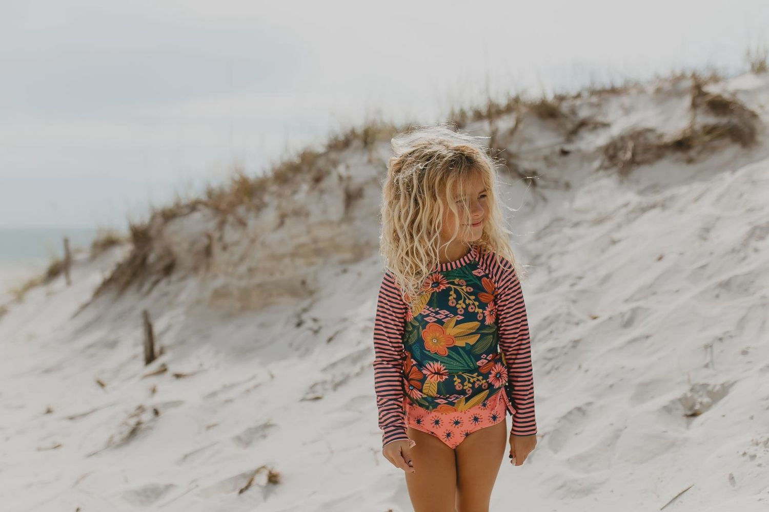 Kids Long Sleeve Navy Tropical Rash Guard Ruffle Swimsuit