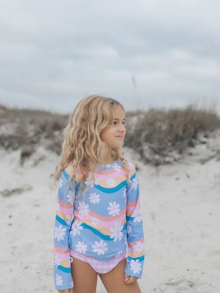 Kids Retro Daisy Long Sleeve Rash Guard Swimsuit