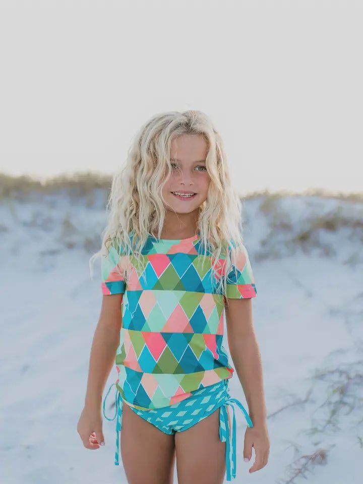 Kids Teal Peach Diamond Rash Guard Swimsuit