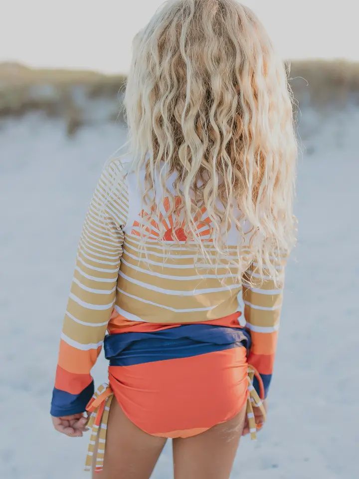 Kids Long Sleeve Coral Navy Sunset Rash Guard Swimsuit