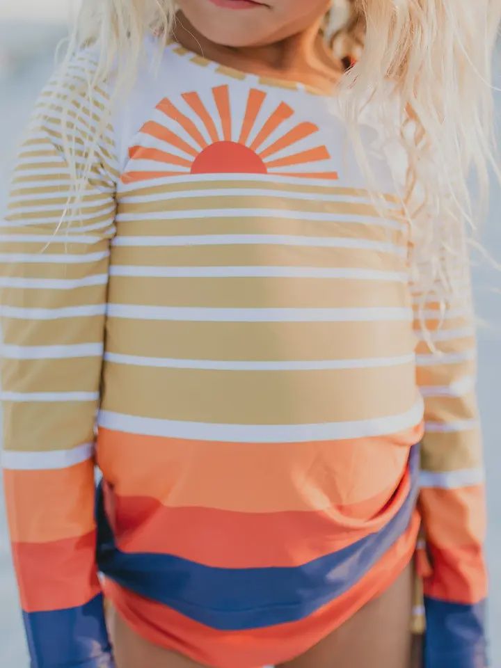 Kids Long Sleeve Coral Navy Sunset Rash Guard Swimsuit
