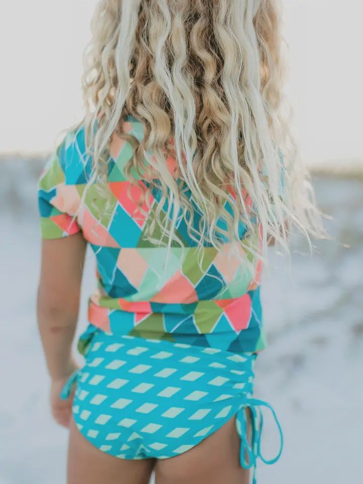 Kids Teal Peach Diamond Rash Guard Swimsuit