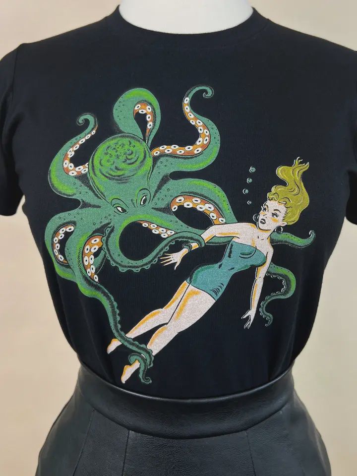 Girl with Octopus Fitted Tee in Black
