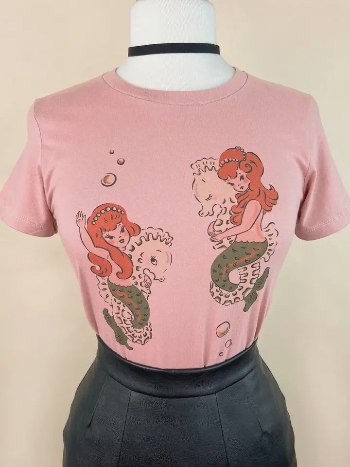 Mermaid Sisters Fitted Tee in Dusty Pink