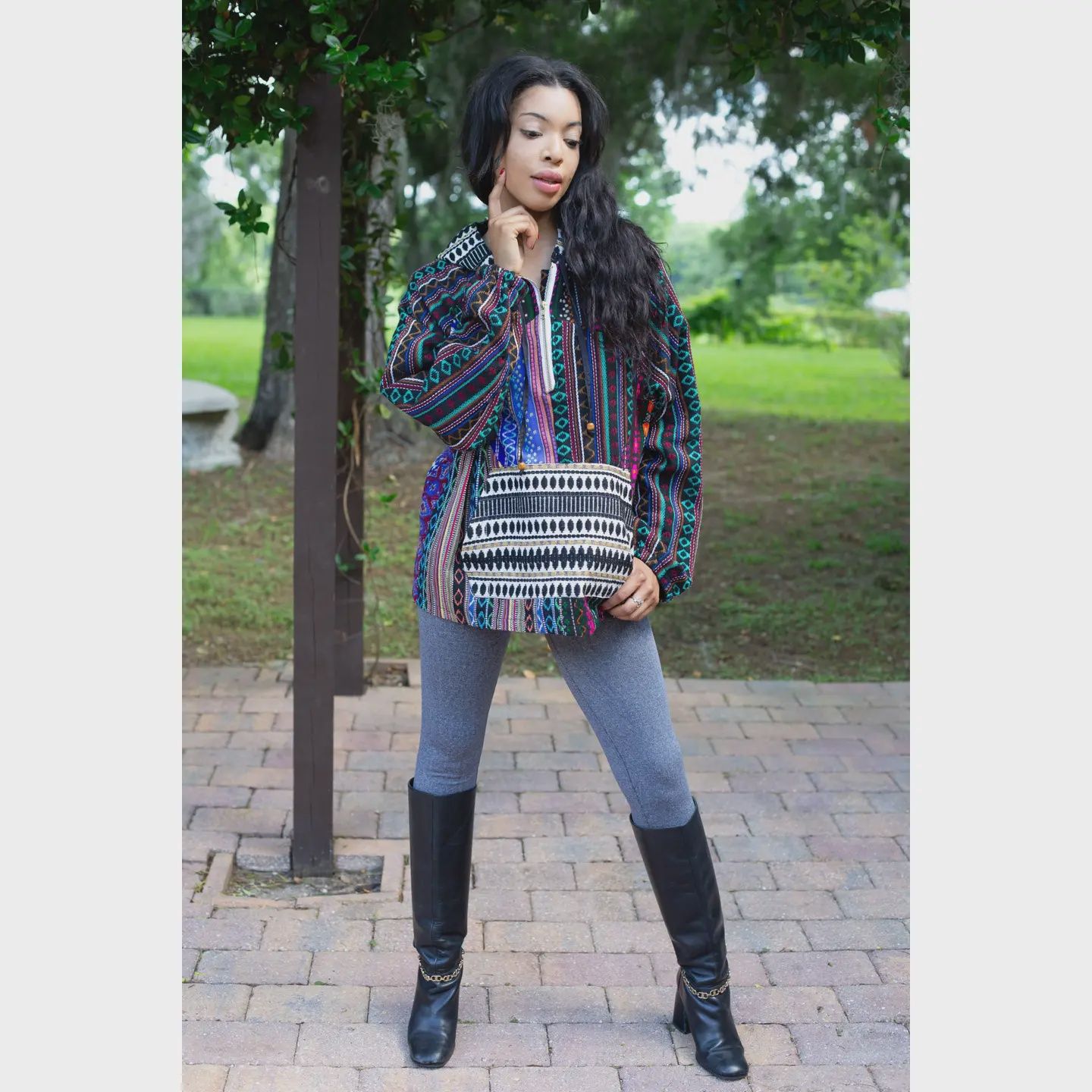 Multicolor Striped Patchwork Cotton Hoodie #224668