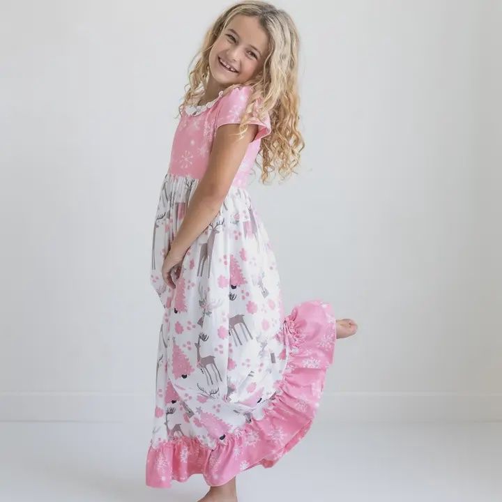 Kids Pink Christmas Holiday Reindeer Ruffle Lounge Play Gown