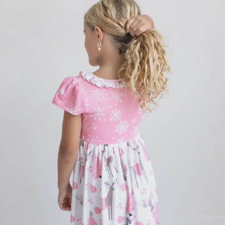 Kids Pink Christmas Holiday Reindeer Ruffle Lounge Play Gown