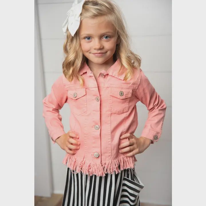 Kids Pink Denim Fringe Fall Winter Button Long Sleeve Jacket